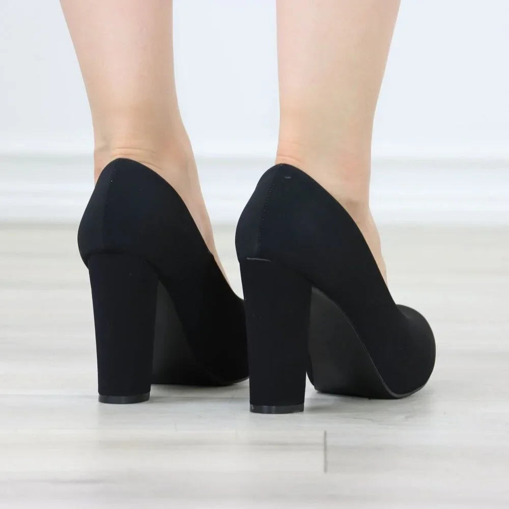 Black Block Heel Pumps Closed Toe Slip On High Heel Classic Style - Picture 12 of 12